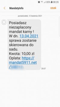 fałszywy sms o nie zapłaconym mandacie